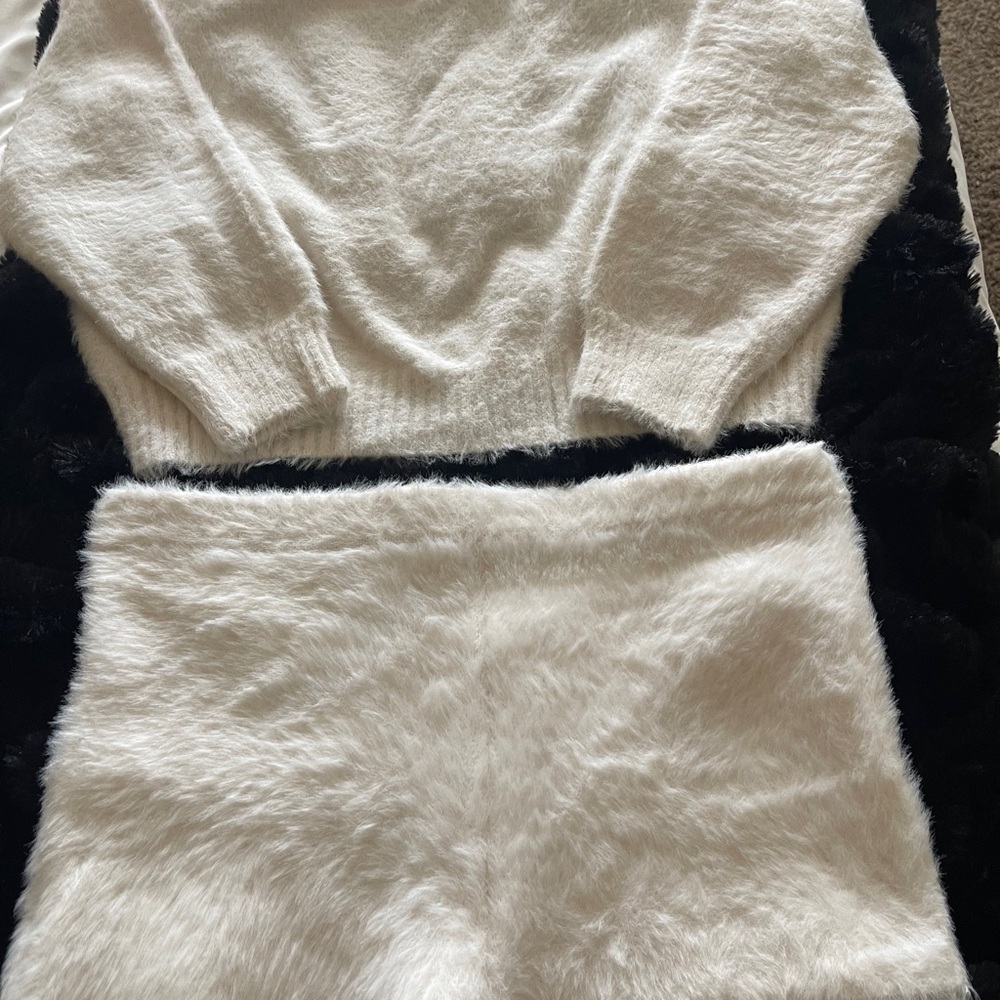 Cozy White Fuzzy Sweater and Shorts Set